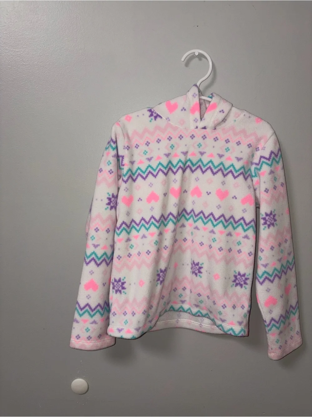 The Children’s Place White Fleece Hearts Zig Zags Stars Pullover Hoodie S 5/6
